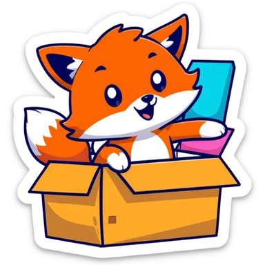 Mischievous fox playing in a colorful cardboard box, kids toy style sticker