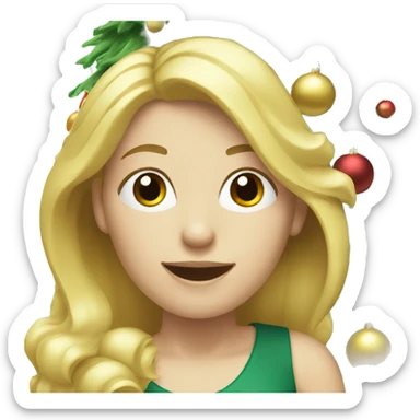 Blond white women decorating a Christmas tree sticker