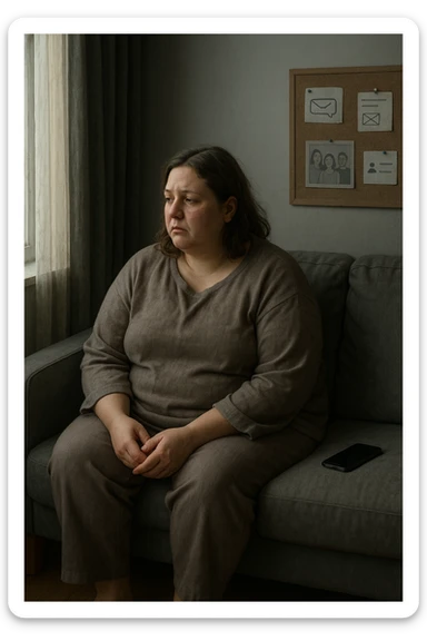 Donna tra i 30 e i 40 anni seduta sola su un divano, con espressione malinconica e corpo visibilmente appesantito. Indossa abiti larghi, avvolgenti, e guarda fuori dalla finestra mentre il telefono è spento o con notifiche ignorate accanto a lei. Sullo sfondo, si notano segnali di vita sociale assente: messaggi non letti, inviti ignorati, foto di gruppo a cui non partecipa. L’atmosfera è silenziosa, con luce grigia e ambiente spento. Intorno a lei, simboli di ritiro e insicurezza: tende chiuse, specchio coperto, postura chiusa. Stile realistico, tono delicato ed emotivo sticker