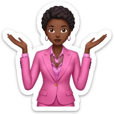 Darkskin black woman wearing a pink suit with a silk press sticker