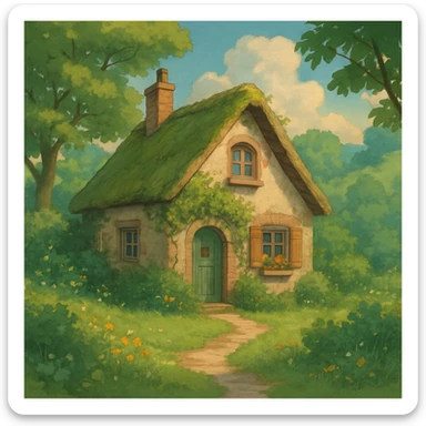cozy cottage in a lush landscape with gentle lighting in ghibli style sticker