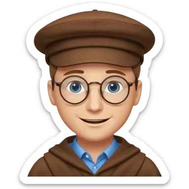 A man with sharp and thin face, brown round glasses, a brown hat and a brown costume (shoulders only), with blue eyes and a large smile on his face. sticker