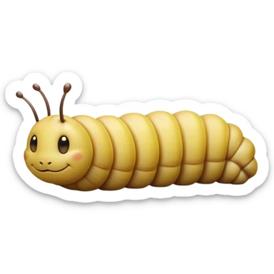 Beautiful and Majestic Caterpillar Portrait Emoji, Head and body rendered in serene repose with a gentle, content smile, showcasing a delicately segmented form with softly textured hues and eyes peacefully closed in tranquil slumber, Simplified yet exquisitely endearing features, highly detailed, glowing with a soft, drowsy natural light, high shine, relaxed and utterly noble, stylized with an air of graceful metamorphosis, soft glowing outline, capturing the essence of a beautiful and majestic caterpillar that embodies the quiet promise of transformation! sticker
