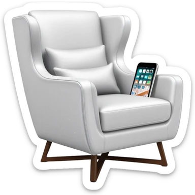 angled smartphone in foreground with clear display of an armchair product page on the screen, with sparkle on the left side sticker