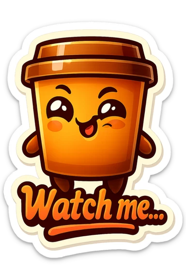 Tall coffee cup, giggling, mischievous eyes, "Watch me..." sticker