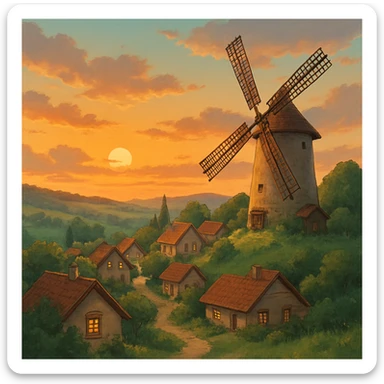 Windmill turning slowly in a quiet hill village at sunset. sticker