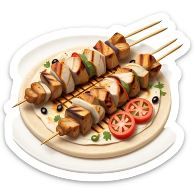 cinematic-realistic-souvlaki-dish-emoji,-showcasing-skewered,-grilled-chicken-with-mediterranean-spices-rendered-with-dynamic-textures-and-warm,-appetizing-lighting on pita bread on a plate sticker