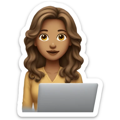 Girl with long semi-wavy brown hair and tan skin, working on macbook sticker