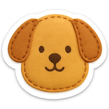 <StylePrompt>
  <Name>Minimal Felt Appliqué Icon</Name>
  <Description>
    A soft, handcrafted felt icon style with lightly padded forms, simple shapes, and clean outlines. Features slightly more visible stitching for tactile charm while maintaining a low-detail aesthetic.
  </Description>
  <VisualProperties>
    <Material>Felt</Material>
    <Texture>Soft, matte surface with subtle fiber detail</Texture>
    <Stitching>
      <Type>Threaded edge stitch</Type>
      <Color>Muted orange or warm brown</Color>
      <Pattern>Evenly spaced running stitch around edges</Pattern>
      <Thickness>Medium (approximately 10% more pronounced than minimal)</Thickness>
      <Contrast>Moderate (stitch color clearly distinct from base felt)</Contrast>
    </Stitching>
    <Padding>Low to moderate—slightly raised but not deeply dimensional</Padding>
    <Edges>Smooth and rounded with clean curves</Edges>
    <ColorPalette>
      <Primary>Warm yellows, oranges, and browns</Primary>
      <Accent>Dark brown for facial features</Accent>
      <Background>Neutral off-white or soft beige</Background>
    </ColorPalette>
  </VisualProperties>
  <FacialFeatures>
    <Eyes>Small round dots</Eyes>
    <Nose>Simple oval or triangle</Nose>
    <Mouth>Minimal curved line or none</Mouth>
    <DetailLevel>Low</DetailLevel>
  </FacialFeatures>
  <Rendering>
    <Lighting>Soft and diffused</Lighting>
    <Shadows>Subtle, barely visible</Shadows>
    <Perspective>Front or side profile, flat angle</Perspective>
  </Rendering>
  <Applicability>
    <SubjectType>Animals, symbols, objects</SubjectType>
    <OutputFormat>Icon, patch, or sticker</OutputFormat>
  </Applicability>
</StylePrompt>

{subject} = dog sticker