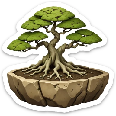 Roots Stoneware akadama moss on soil irregular angular Stone Age rocks cracked crags and broken forming a very shallow bonsai pot sans(without) tree  sticker