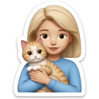 "Apple Memoji style 3D character, a young person gently petting and hugging a cute fluffy cat, peaceful and happy facial expressions, soft studio lighting, clean 3D clay render, vibrant colors, minimalist aesthetic, high detail, high resolution, isolated on a plain white background." sticker