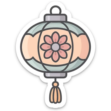 elegant Chinese lantern with floral pattern and many petals, detailed shadows and highlights, thin clean outlines, soft rounded shapes, pastel palette #98B5BC, #B5B3C1, #C9A3C9, #E4C0CA, #F7DCD1, #F7C0AA, modern Japanese pop-art and sticker aesthetic, high detail, vector sharpness, soft lighting, transparent background sticker