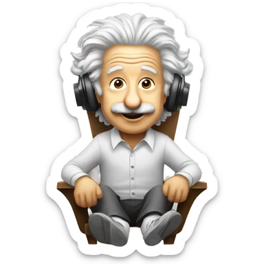 albert einstein happy listening music with wireless headphones while sitting on the chair sticker