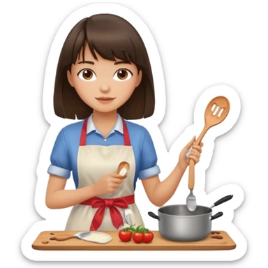 girl brunette with bangs long hair cooking sticker