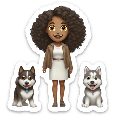 light skin woman with long dark brown curly hair expressing joy alongside two husky's sticker