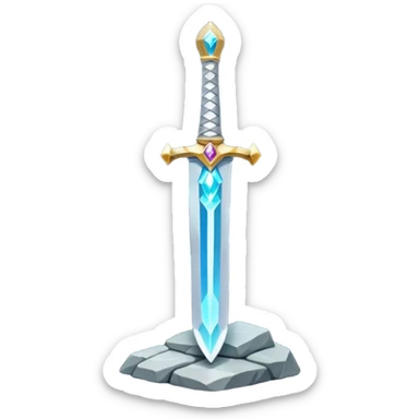 Shining silver sword with jeweled hilt, stuck in a stone, glowing aura.  sticker