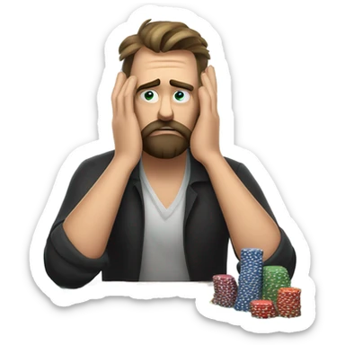 Sad bearded man loses money at casino cards with date sticker