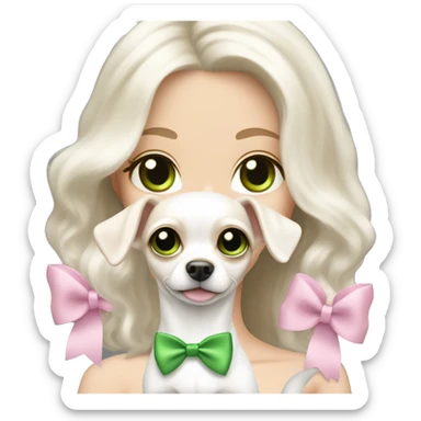 pale blond girl with wavy long platinum white hair with bright green eyes holding a white chihuahua that wearing a pink bow sticker