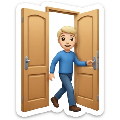 a door opening with a smiling client walking in sticker
