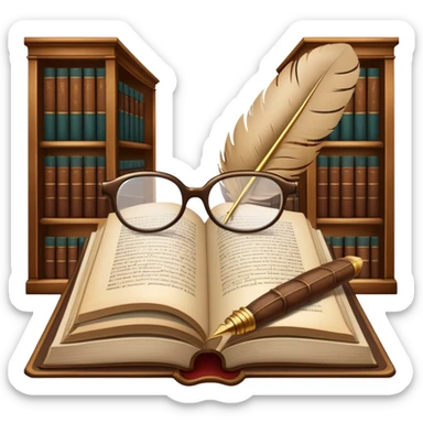 An icon featuring an open book with classic text, a feather quill, and reading glasses, symbolizing literary studies. The design includes old library shelves and vintage manuscripts in the background. Transparent background emphasizes the deep analysis of written works and literary history. sticker
