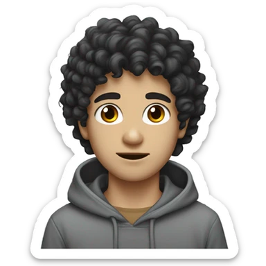 a white boy with black curly hair dark eyes grey hoodie  sticker