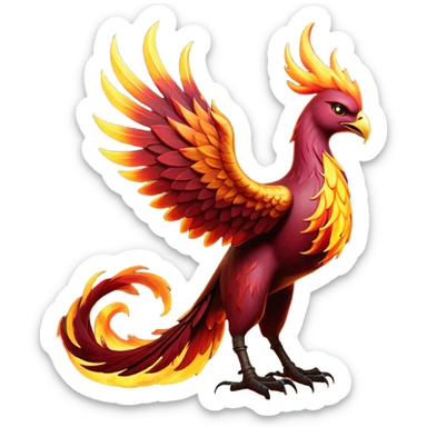 Cinematic Noble Battle-Hardened Mystical Fire Phoenix Portrait Emoji, with scorched, battle-scarred plumage in deep crimson, burnt gold, and smoldering ember hues. Its piercing eyes, hardened by countless conflicts, blaze with unyielding resolve and ancient wisdom. The elongated tail feathers bear vivid marks of fiery combat, rendered with lifelike texture and dynamic highlights, high shine, exuding an aura of mythic martial valor, focused and commanding, with a soft glowing outline that captures a phoenix forged in the fires of war. sticker