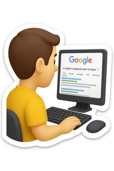 emoji stile iphone di un uomo davanti al pc che cerca di google: "Il miglior magnesio per la stipsi", iperrealistico 4k sticker