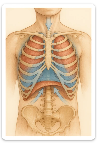 A realistic, high-quality anatomical illustration showing a human torso with visible rib cage and diaphragm. The ribs are shown in a decompressed, expanded state, allowing full lung expansion, while the diaphragm is depicted as relaxed and lowered, indicating deep, efficient breathing. Soft blue and warm tones highlight airflow and lung capacity, with light arrows illustrating the air movement during diaphragmatic breathing. The image conveys a sense of calm, openness, and optimal breathing mechanics, useful for physiotherapy, breathing education, and osteopathic learning contexts sticker