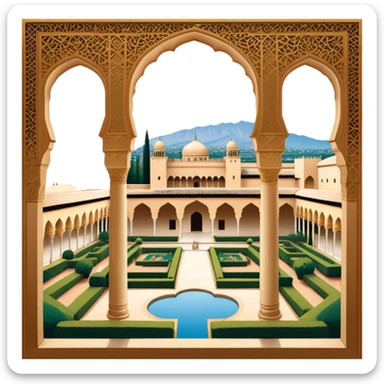 ​Cinematic Realistic Alhambra, depicted as a panoramic, zoomed-out view of the entire majestic Moorish palace complex with intricate arches, expansive courtyards, and lush gardens stretching into the distance, bathed in soft golden light that accentuates its opulent historical grandeur, sticker