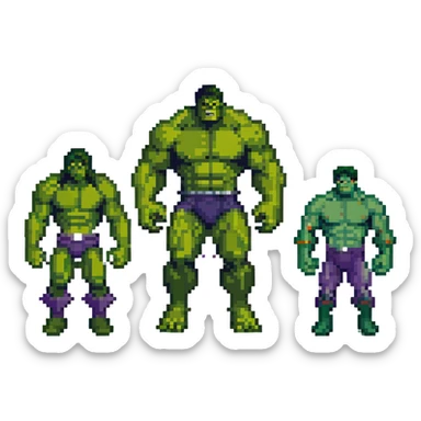 Classic Savage Hulk, Gray Hulk, and Professor Hulk forms in 8-bit style sticker