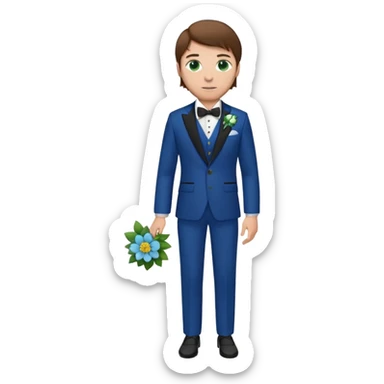 Chico blanco, pelo castaño, ojos verdes, traje boda azul y flor solapa , cuerpo entero sticker