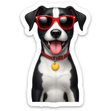 Black short hair female dog with sunglasses and red lips  smiling with the tongue outside de mouth . The dog has a partial white chest sticker