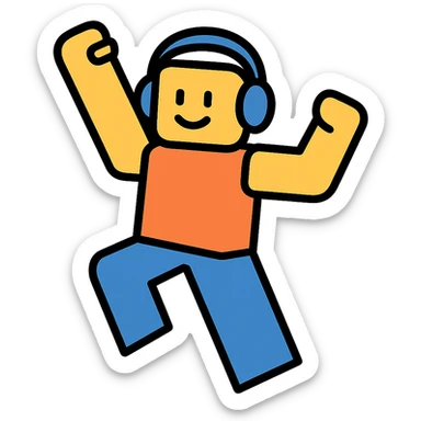 roblox character, blocky avatar, with headphones, energetic stance, color outline icon style sticker