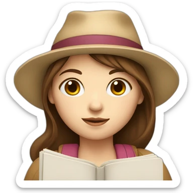 white skin, Girl with a hat, brown hair straight to the shoulders, holding a book sticker