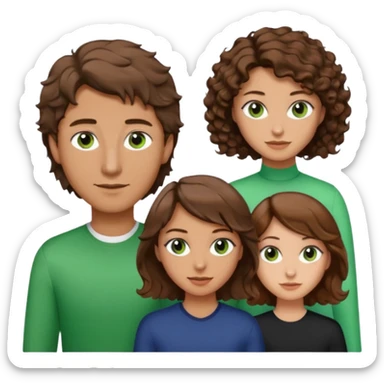 Man in the middle with brown hair and green eyes, women next to him with short brown hair with slight waves, taller women on right side with shoulder length curly hair and brown eyes sticker