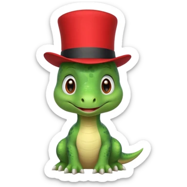 A very cute and adorable green anthropomorphic baby dinosaur with a red top hat sticker