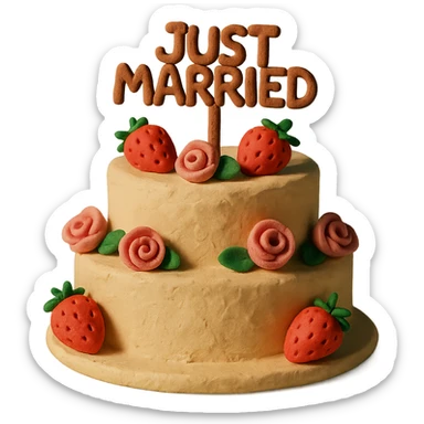 white wedding cake with strawberries, pink roses, 'Just Married' topper, claymation style sticker