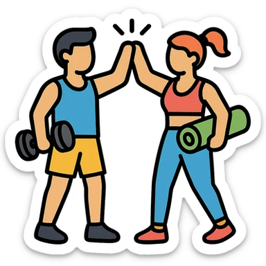 two people high-fiving after a workout, clean lines, fitness theme icon style sticker