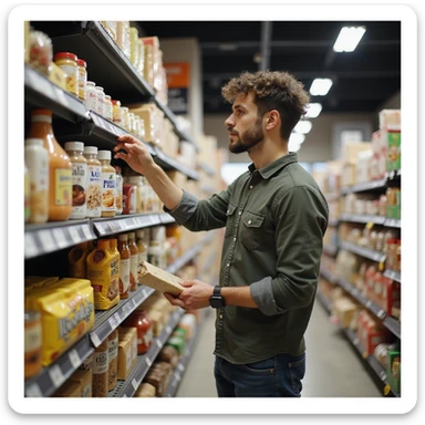 realistic 28-year-old man grocery shopping choosing only gluten-free products, checking labels, supermarket sticker