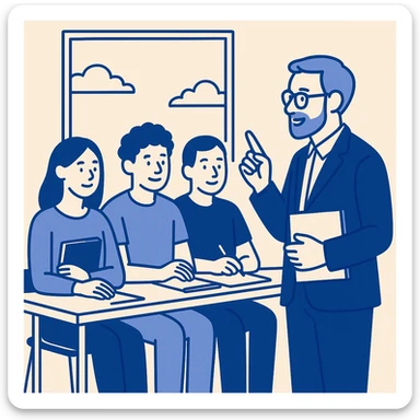 four young adult students listening to a professor, studious atmosphere, flat design style, bright classroom background, visible diversity sticker