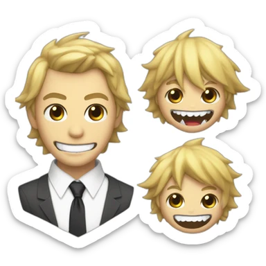 Denji with his blond hair in a shaggy style, brown eyes, with his shark teeth, is smiling evil and with a shirt with a black tie but without a suit from chainsawman sticker