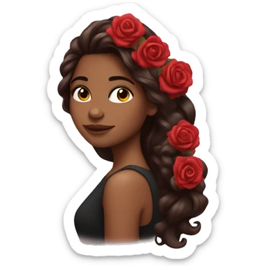 Beautiful, rose, red, flowers in hair, long dark brown hair, fair skin sticker
