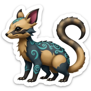 Rare warm-colored exotic cute epic aesthetic gothic colorful Salandit-Eevee-Civet-species-Fakemon-hybrid-creature, with intricate tattoo markings, full body sticker