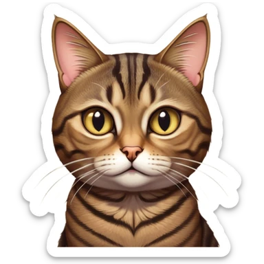 Cinematic Grumpy Brown Tabby Cat Portrait Emoji, Head tilted slightly with a deeply unimpressed expression, thick brown fur with dark, pronounced tabby stripes and a furrowed brow, large eyes narrowed into an unamused glare, whiskers slightly drooping in exasperation, Simplified yet comically expressive features, highly detailed, glowing with a dry, sarcastic glow, high shine, effortlessly judgmental yet dignified, stylized with a touch of cynicism, bright but brooding, soft glowing outline, capturing the essence of an eternally unimpressed yet endearing feline, so lifelike it feels like it could sigh heavily at you in disdain at any moment! sticker