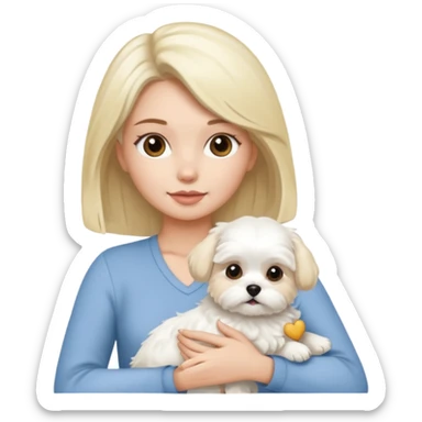 brunette woman and blonde long haired woman holding Maltese dog sticker