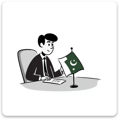 Pakistani diplomat at international conference with Pakistan flag on table sticker