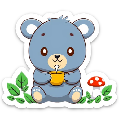 little bear sipping tea in the forest, surrounded by leaves and mushrooms sticker