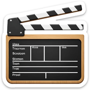 Movie clapperboard with black and white stripes at the top, iOS emoji style, clean minimal design sticker