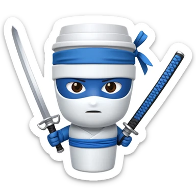 A cartoon to-go coffee cup with a blue ninja headband around the lid and holding a katana sword sticker