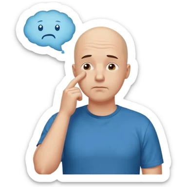 bald man with t-shirt, doubting face, hand on chin looking up, thought bubble sticker